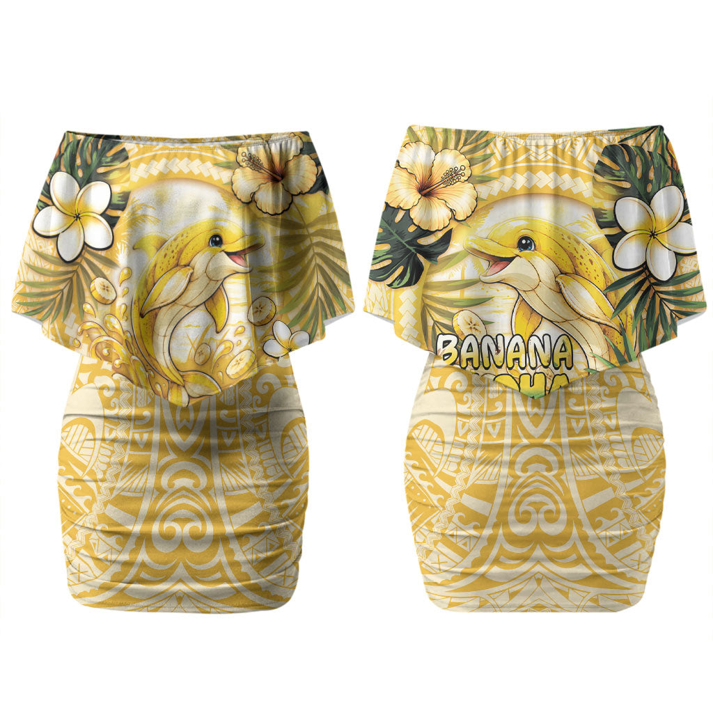 Hawaii Banana Dolphin Couples Matching Off Shoulder Short Dress and Long Sleeve Button Shirt Cute Cosplay Naiʻa Fish Tribal Patterns DT05 - Polynesian Pride