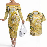 Hawaii Banana Dolphin Couples Matching Off The Shoulder Long Sleeve Dress and Hawaiian Shirt Cute Cosplay Naiʻa Fish Tribal Patterns DT05 Yellow - Polynesian Pride