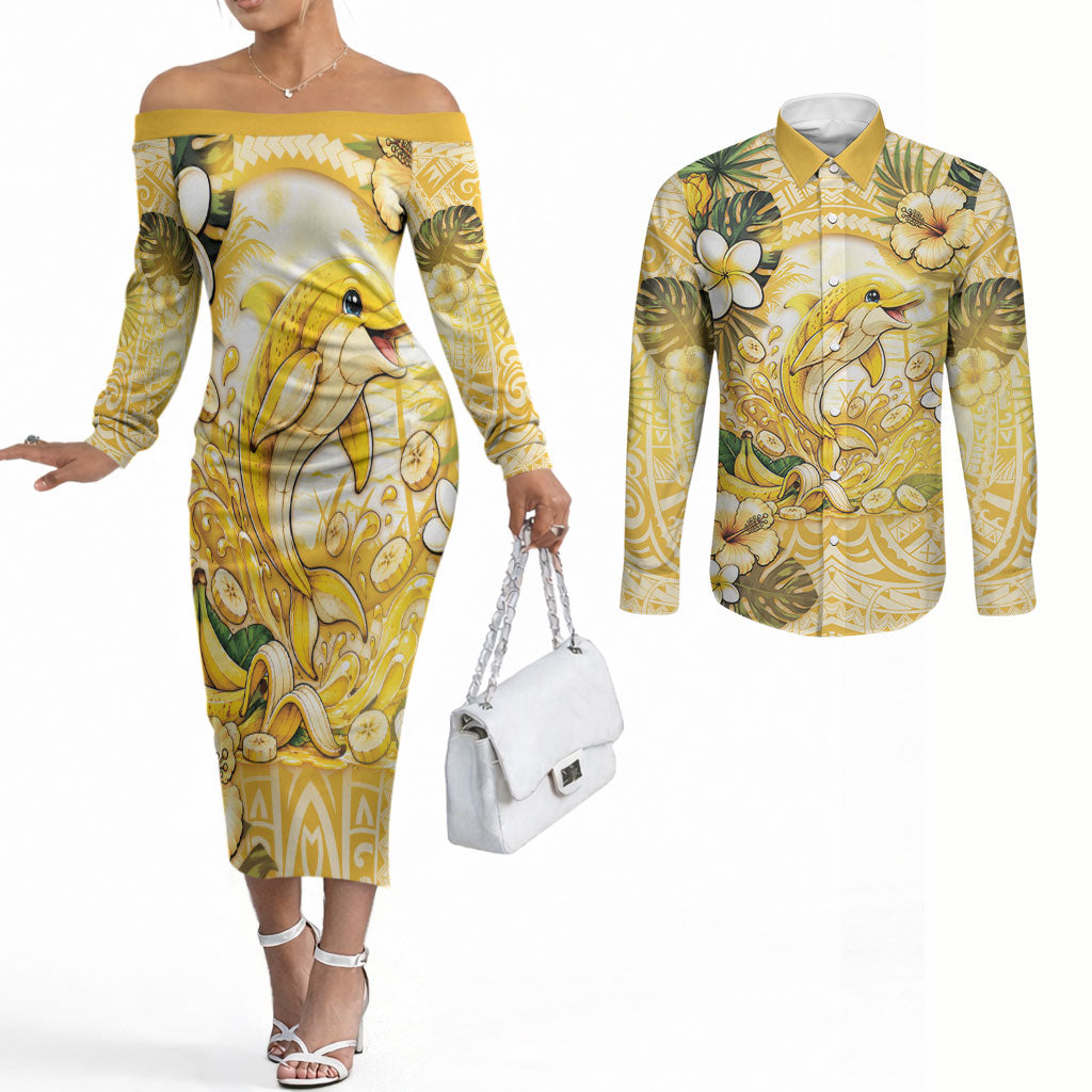 Hawaii Banana Dolphin Couples Matching Off The Shoulder Long Sleeve Dress and Long Sleeve Button Shirt Cute Cosplay Naiʻa Fish Tribal Patterns DT05 Yellow - Polynesian Pride
