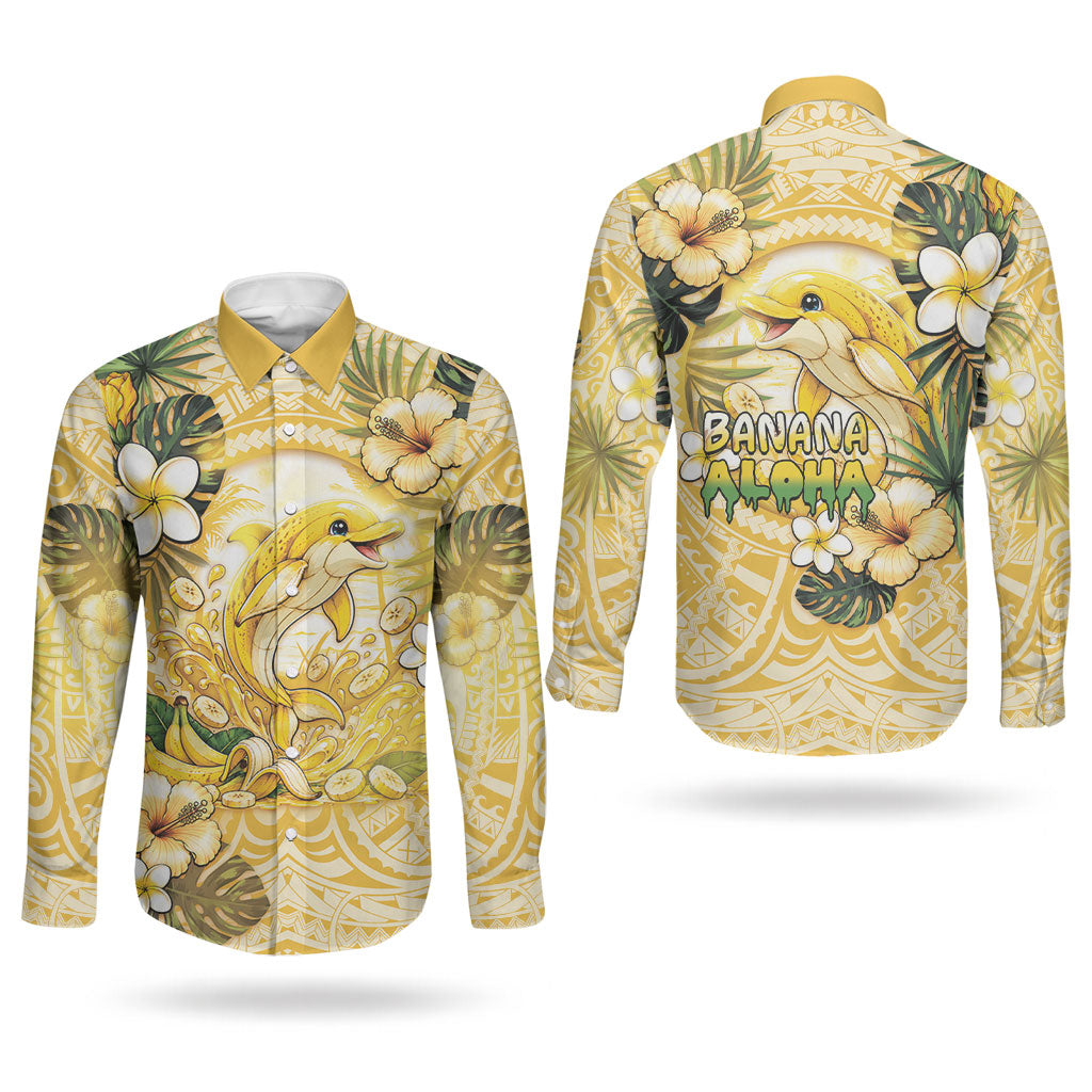 Hawaii Banana Dolphin Couples Matching Off The Shoulder Long Sleeve Dress and Long Sleeve Button Shirt Cute Cosplay Naiʻa Fish Tribal Patterns DT05 - Polynesian Pride