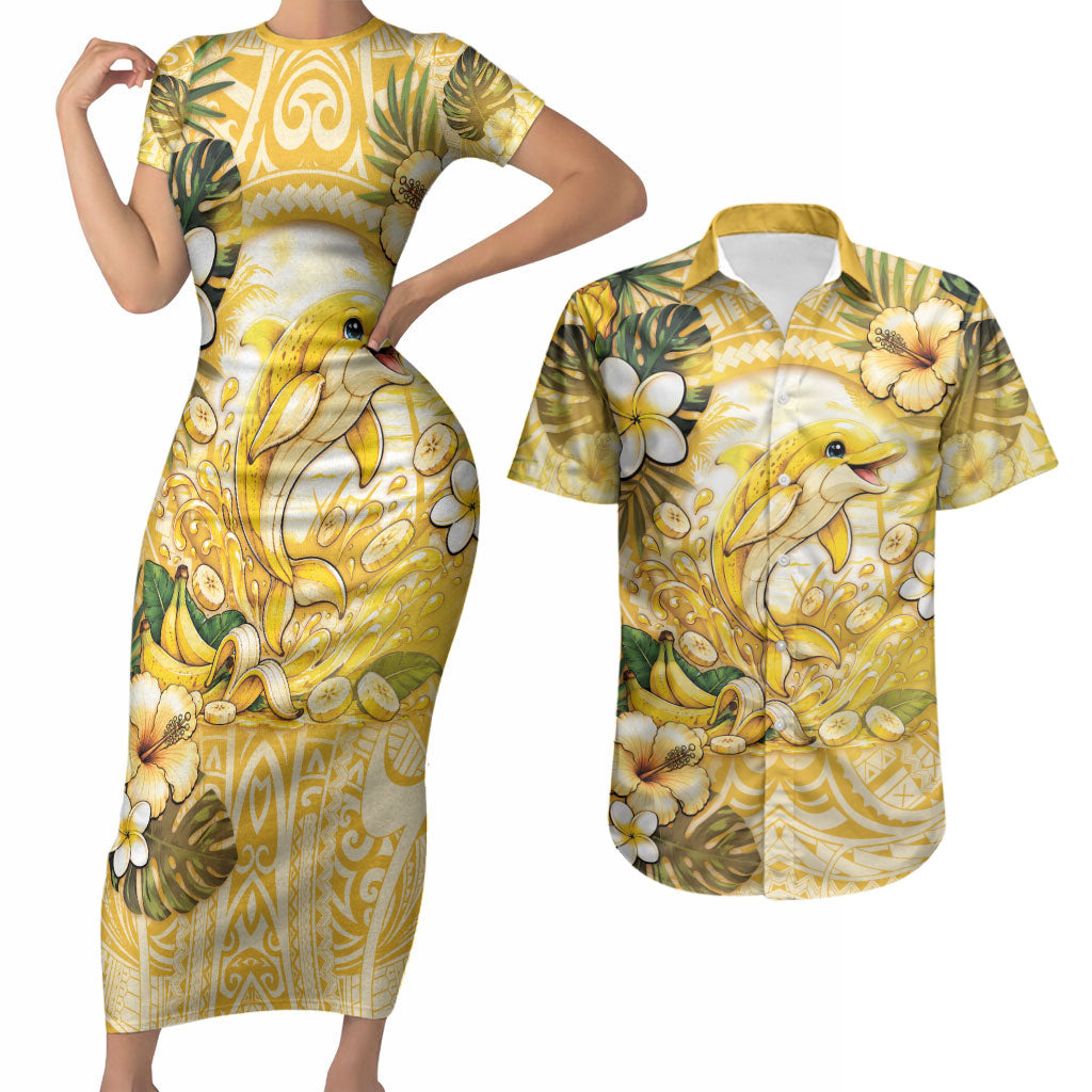 Hawaii Banana Dolphin Couples Matching Short Sleeve Bodycon Dress and Hawaiian Shirt Cute Cosplay Naiʻa Fish Tribal Patterns DT05 Yellow - Polynesian Pride