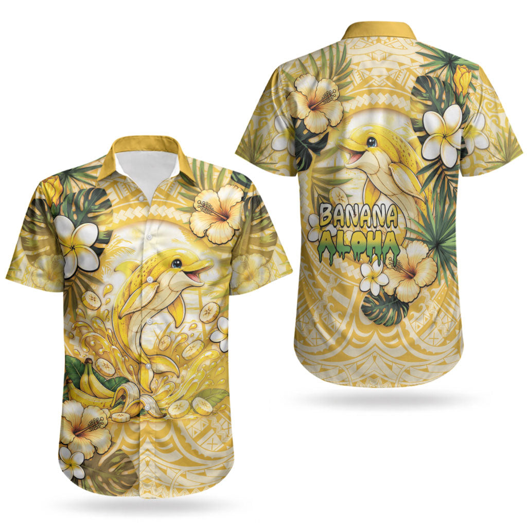 Hawaii Banana Dolphin Couples Matching Short Sleeve Bodycon Dress and Hawaiian Shirt Cute Cosplay Naiʻa Fish Tribal Patterns DT05 - Polynesian Pride