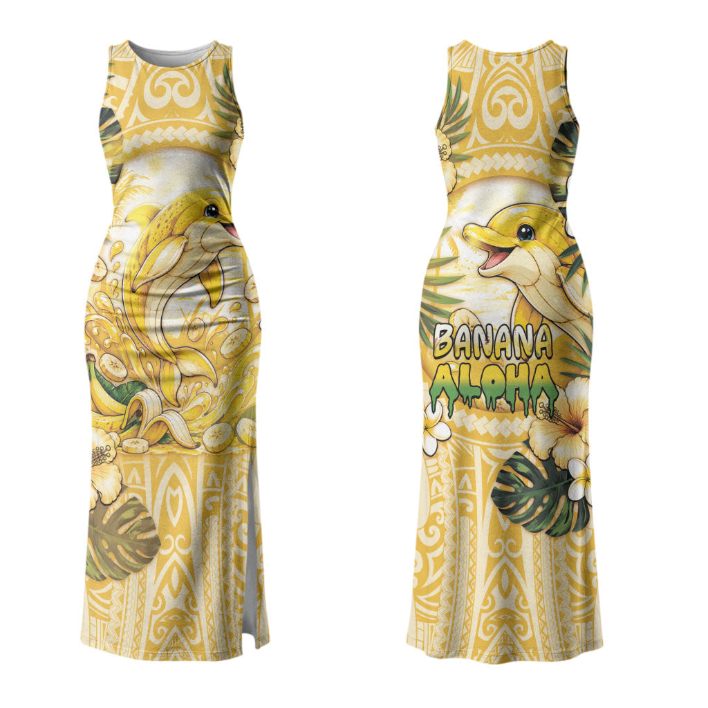 Hawaii Banana Dolphin Couples Matching Tank Maxi Dress and Long Sleeve Button Shirt Cute Cosplay Naiʻa Fish Tribal Patterns DT05 - Polynesian Pride