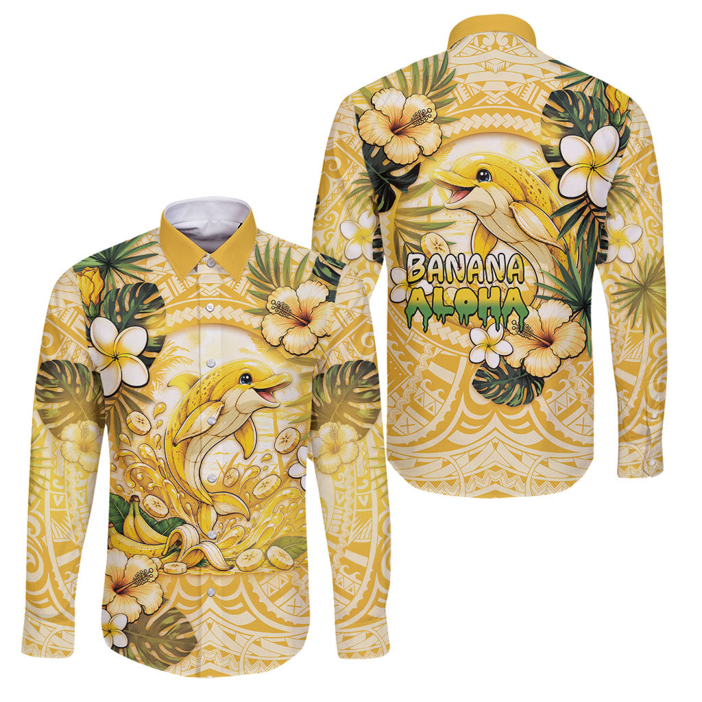 Hawaii Banana Dolphin Family Matching Off Shoulder Maxi Dress and Hawaiian Shirt Cute Cosplay Naiʻa Fish Tribal Patterns DT05 Dad's Shirt - Long Sleeve Yellow - Polynesian Pride