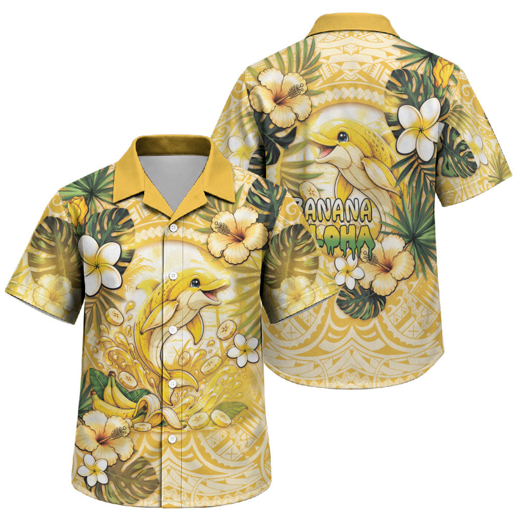 Hawaii Banana Dolphin Family Matching Off Shoulder Short Dress and Hawaiian Shirt Cute Cosplay Naiʻa Fish Tribal Patterns DT05 Son's Shirt Yellow - Polynesian Pride