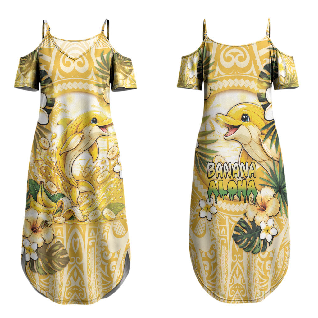 Hawaii Banana Dolphin Family Matching Summer Maxi Dress and Hawaiian Shirt Cute Cosplay Naiʻa Fish Tribal Patterns DT05 Mom's Dress Yellow - Polynesian Pride