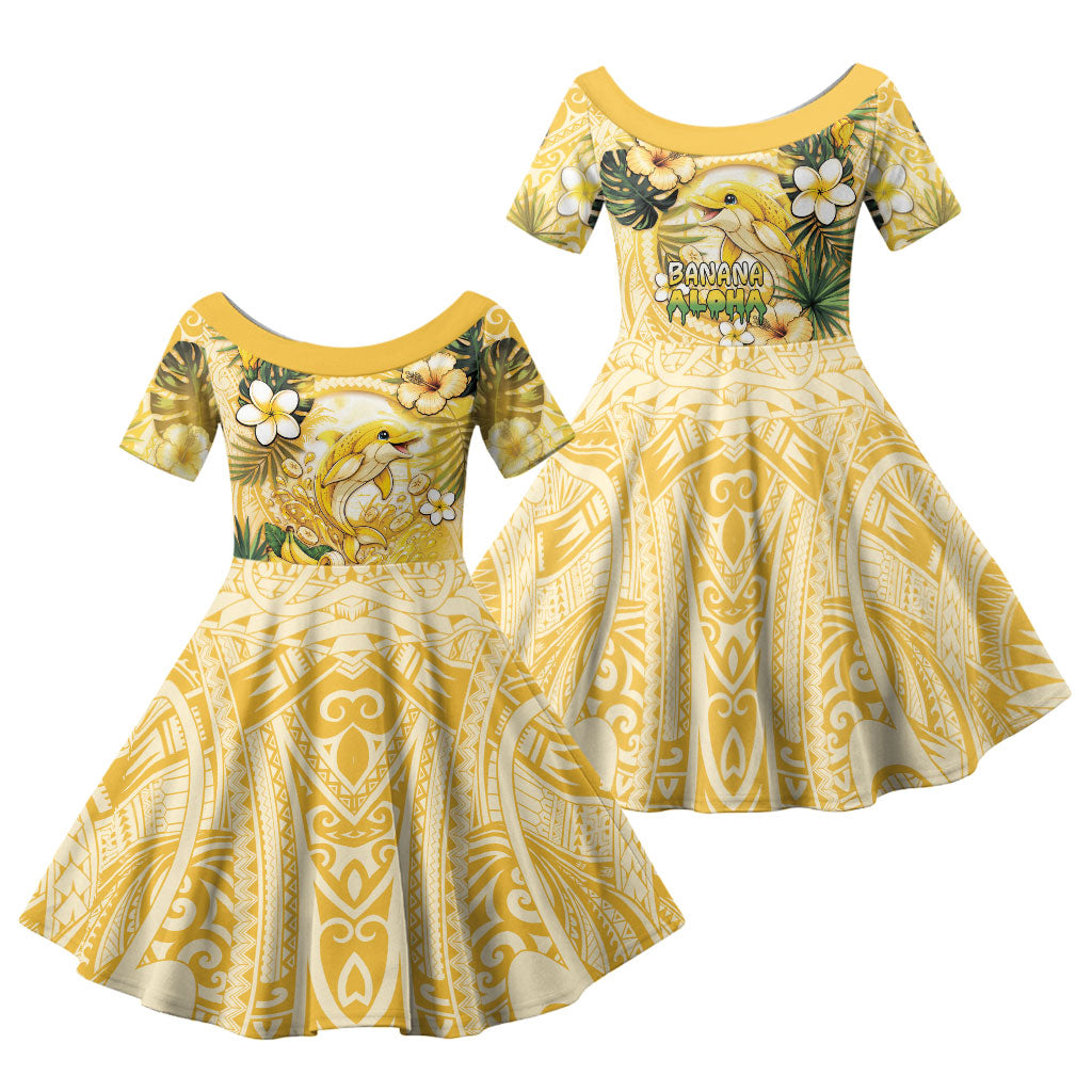 Hawaii Banana Dolphin Family Matching Summer Maxi Dress and Hawaiian Shirt Cute Cosplay Naiʻa Fish Tribal Patterns DT05 Daughter's Dress Yellow - Polynesian Pride