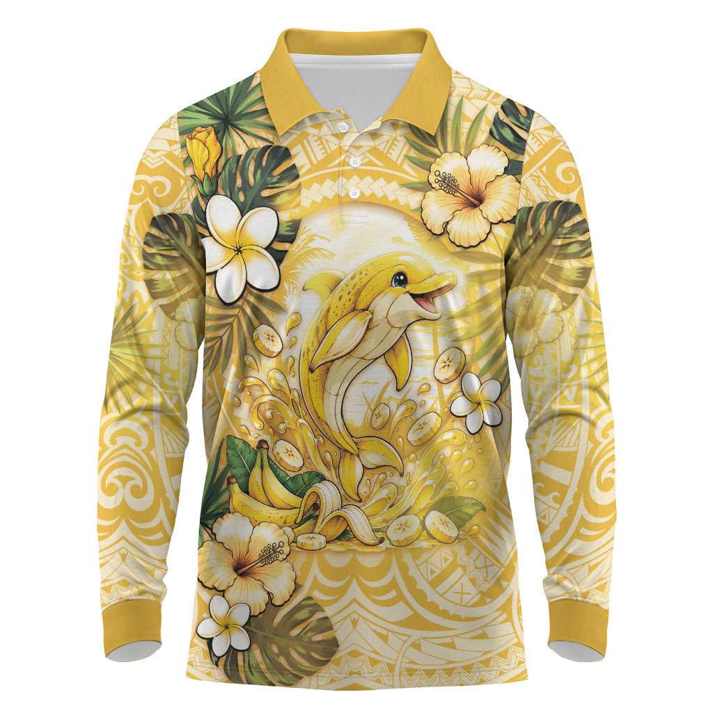 Hawaii Banana Dolphin Long Sleeve Polo Shirt Cute Cosplay Naiʻa Fish Tribal Patterns DT05 Yellow - Polynesian Pride