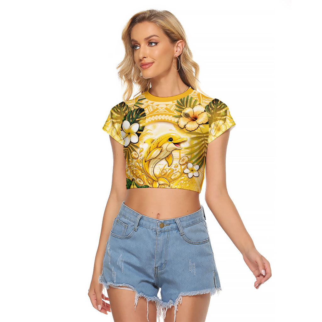 Hawaii Banana Dolphin Raglan Cropped T Shirt Cute Cosplay Naiʻa Fish Tribal Patterns DT05 Female Yellow - Polynesian Pride