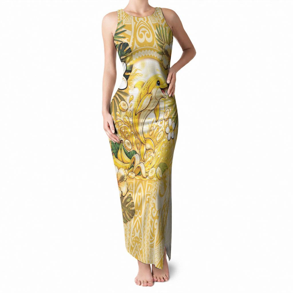 Hawaii Banana Dolphin Tank Maxi Dress Cute Cosplay Naiʻa Fish Tribal Patterns DT05 Women Yellow - Polynesian Pride
