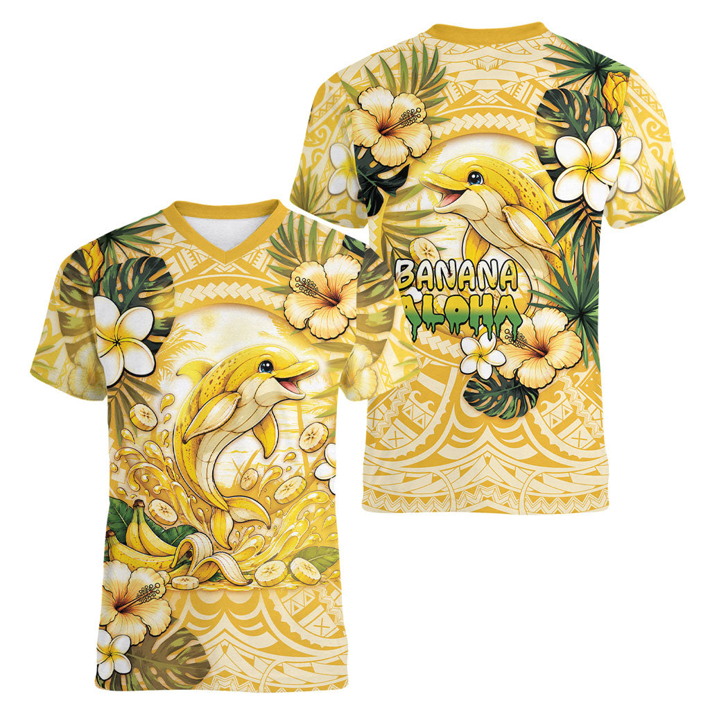 Hawaii Banana Dolphin Women V-Neck T-Shirt Cute Cosplay Naiʻa Fish Tribal Patterns DT05 - Polynesian Pride