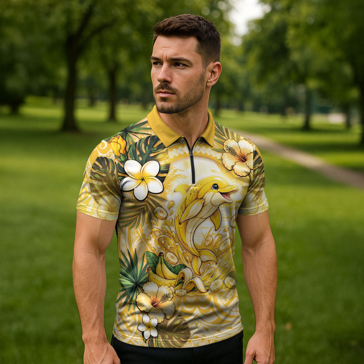 Hawaii Banana Dolphin Zipper Polo Shirt Cute Cosplay Naiʻa Fish Tribal Patterns DT05 - Polynesian Pride