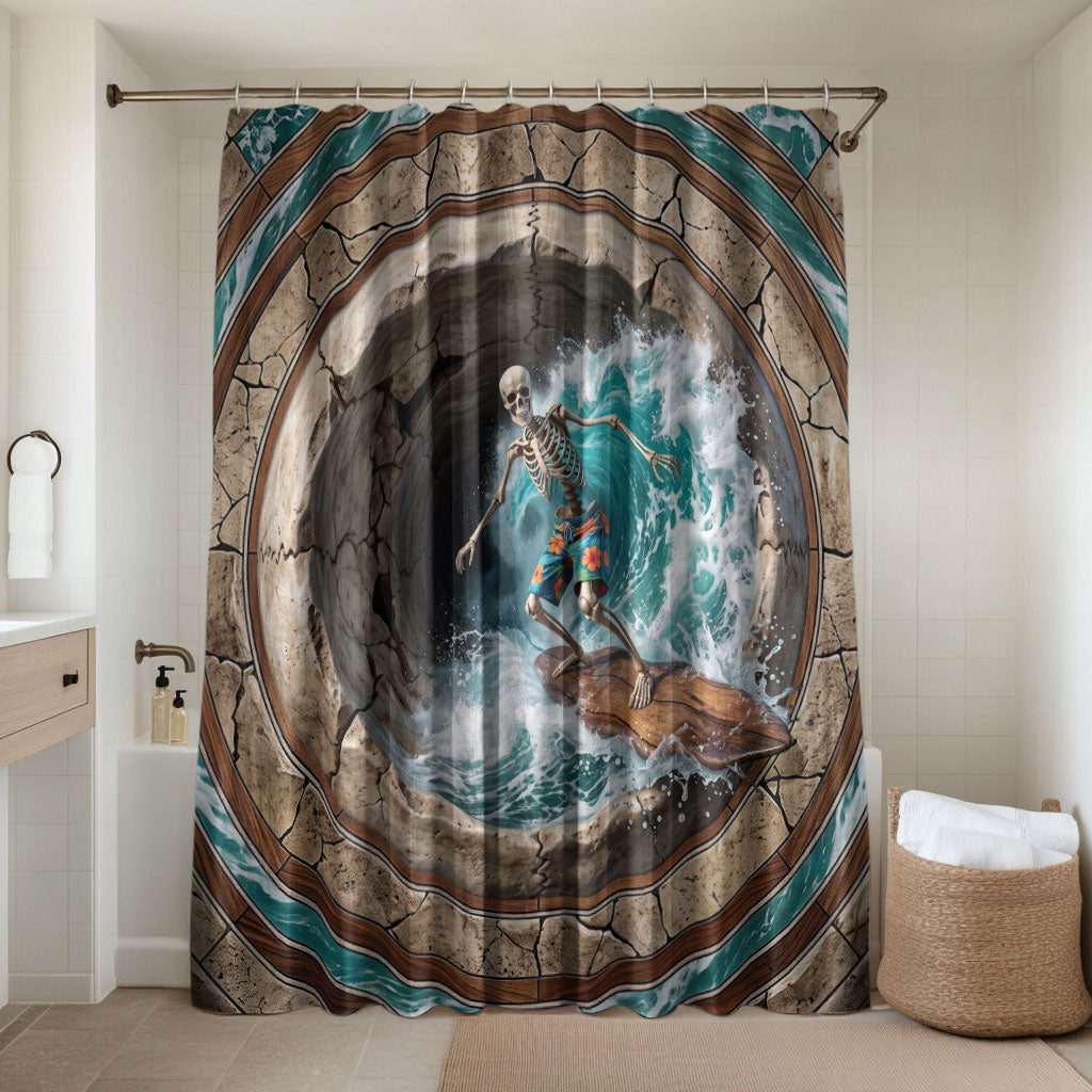 3D Illusion Surfing Skeleton Halloween Bathroom Set Surfboard Bones Ocean Wave Stone Well DT05 Shower Curtain Only Gray - Polynesian Pride
