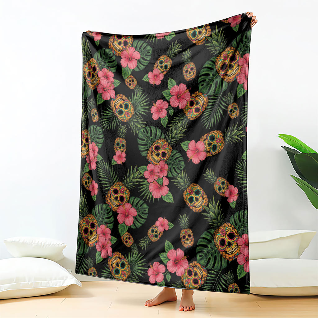 Tropical Calavera Hawaiian Blanket Sugar Skull Pineapple Hibiscus Floral DT05 - Polynesian Pride