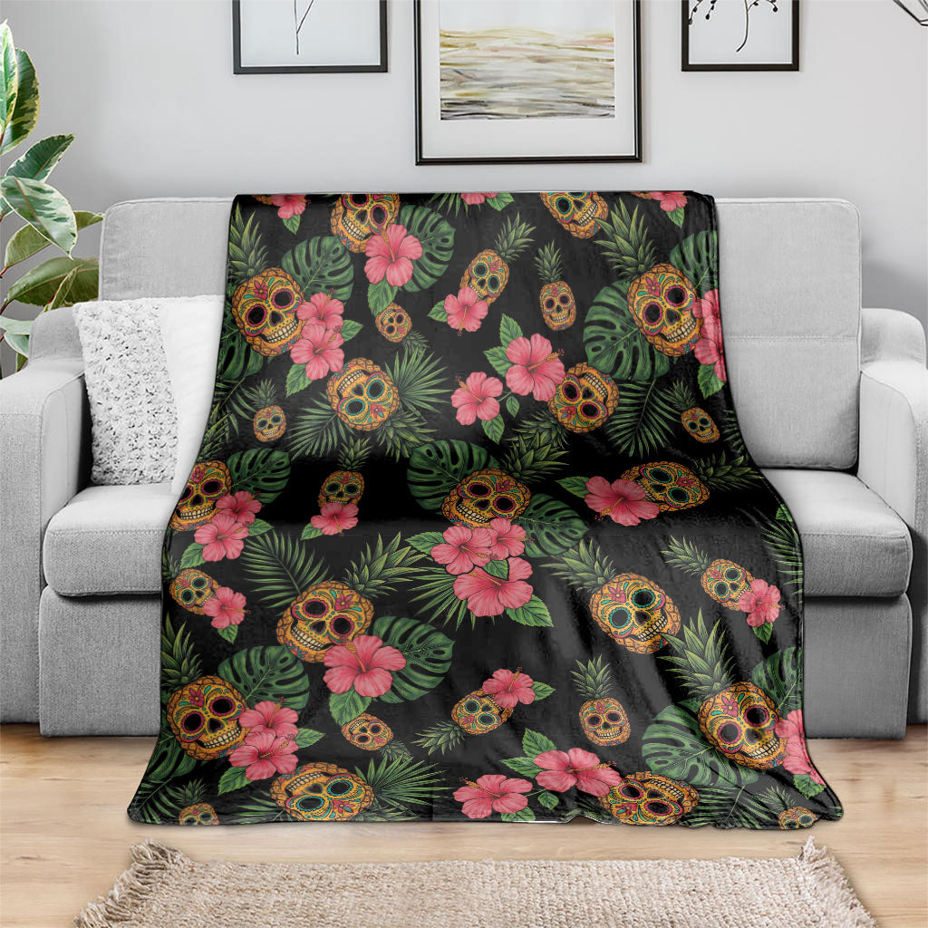 Tropical Calavera Hawaiian Blanket Sugar Skull Pineapple Hibiscus Floral DT05 - Polynesian Pride