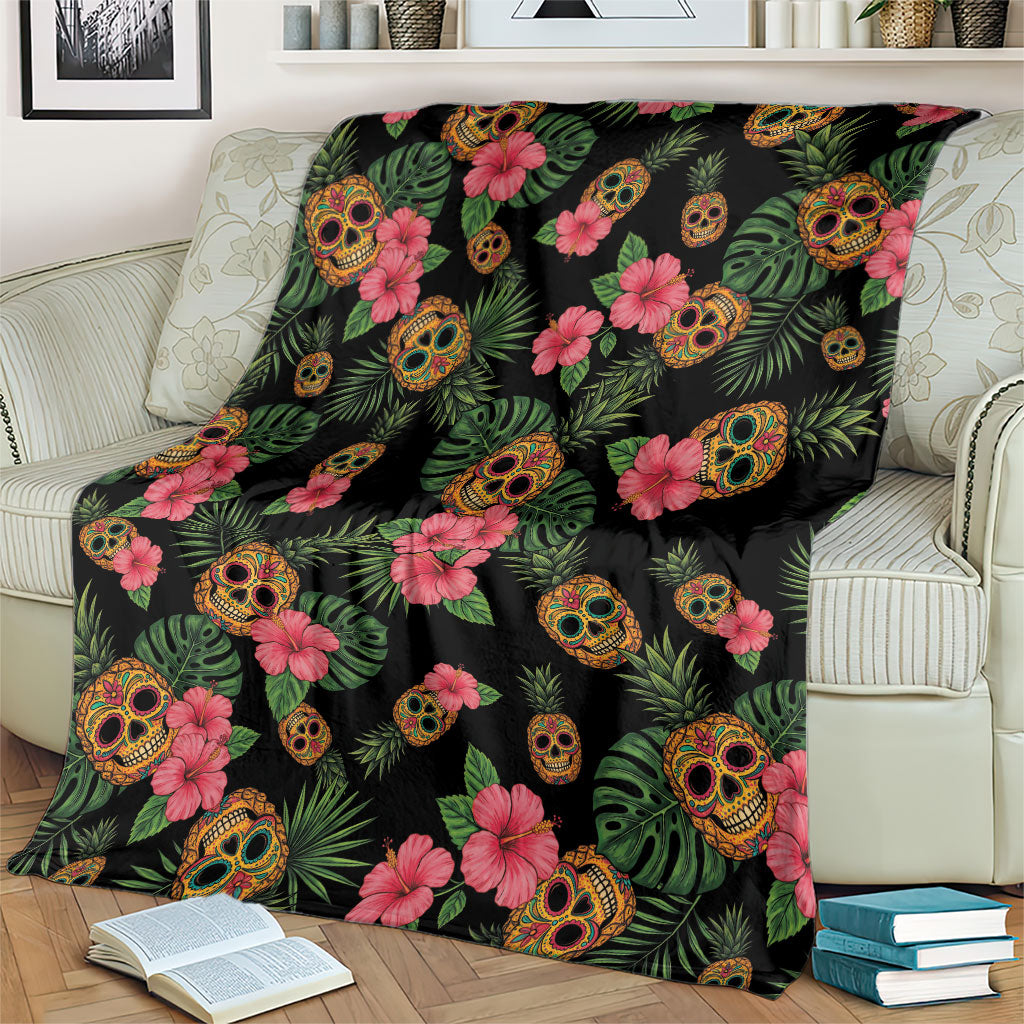 Tropical Calavera Hawaiian Blanket Sugar Skull Pineapple Hibiscus Floral DT05 - Polynesian Pride