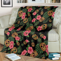 Tropical Calavera Hawaiian Blanket Sugar Skull Pineapple Hibiscus Floral DT05 - Polynesian Pride