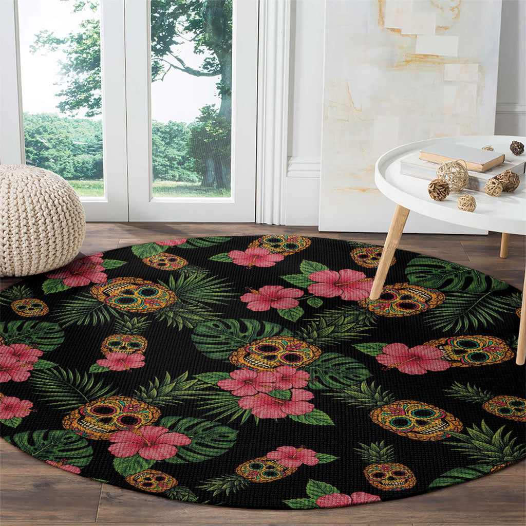 Tropical Calavera Hawaiian Round Carpet Sugar Skull Pineapple Hibiscus Floral DT05 - Polynesian Pride