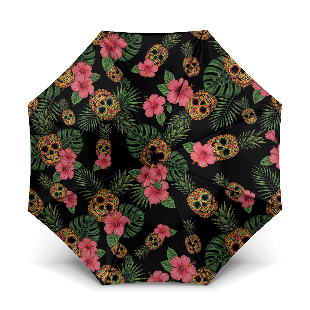 Tropical Calavera Hawaiian Umbrella Sugar Skull Pineapple Hibiscus Floral DT05 One Size Folded 11.42 inch Opened Diameter 37.4 inch Black - Polynesian Pride