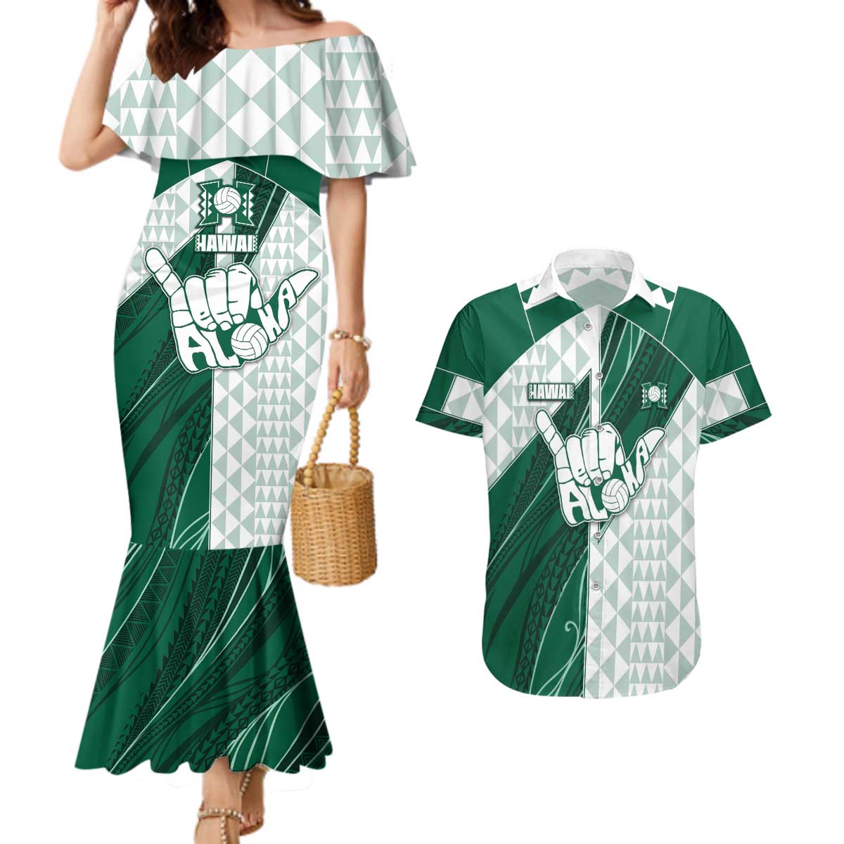 Custom Hawaii Volleyball Couples Matching Mermaid Dress and Hawaiian Shirt Shaka Aloha Hand