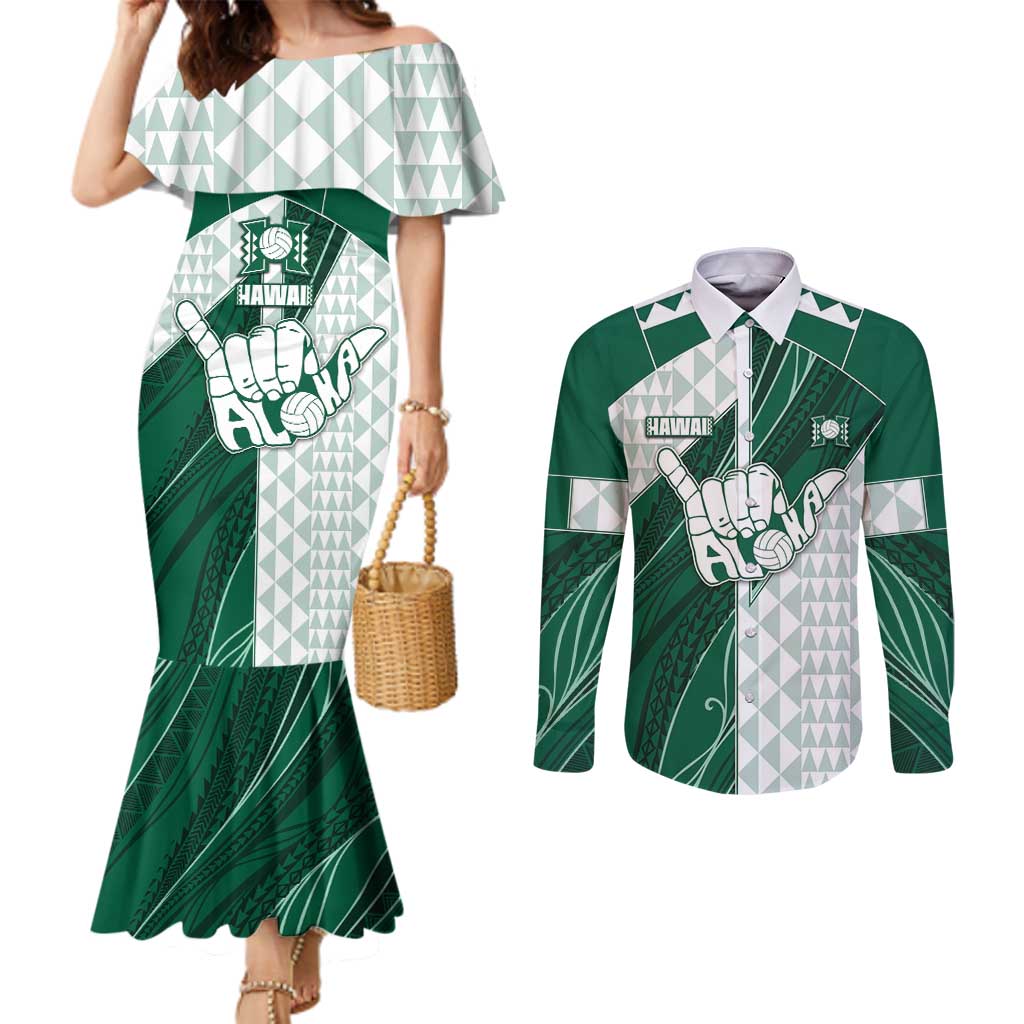 Custom Hawaii Volleyball Couples Matching Mermaid Dress and Long Sleeve Button Shirt Shaka Aloha Hand DT05 Green - Polynesian Pride