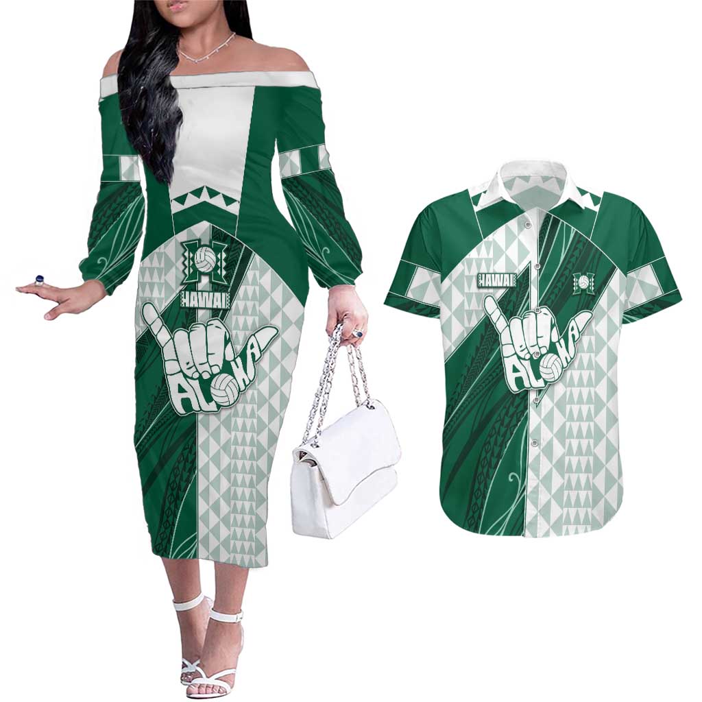 Custom Hawaii Volleyball Couples Matching Off The Shoulder Long Sleeve Dress and Hawaiian Shirt Shaka Aloha Hand
