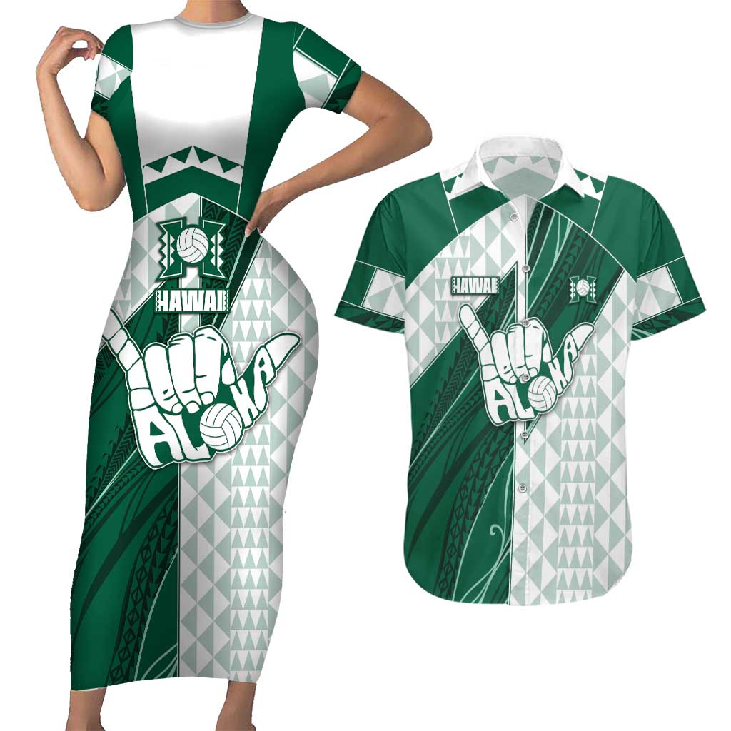 Custom Hawaii Volleyball Couples Matching Short Sleeve Bodycon Dress and Hawaiian Shirt Shaka Aloha Hand