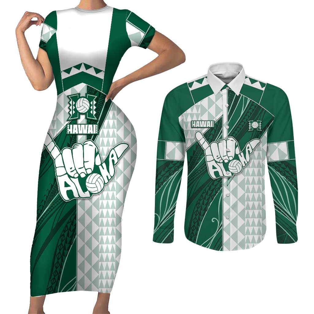 Custom Hawaii Volleyball Couples Matching Short Sleeve Bodycon Dress and Long Sleeve Button Shirt Shaka Aloha Hand
