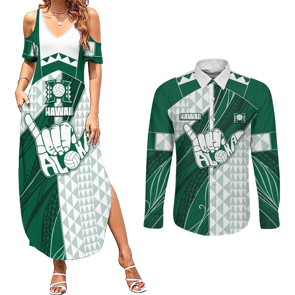 Custom Hawaii Volleyball Couples Matching Summer Maxi Dress and Long Sleeve Button Shirt Shaka Aloha Hand