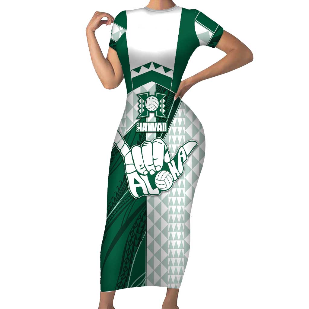 Custom Hawaii Volleyball Short Sleeve Bodycon Dress Shaka Aloha Hand DT05 Long Dress Green - Polynesian Pride