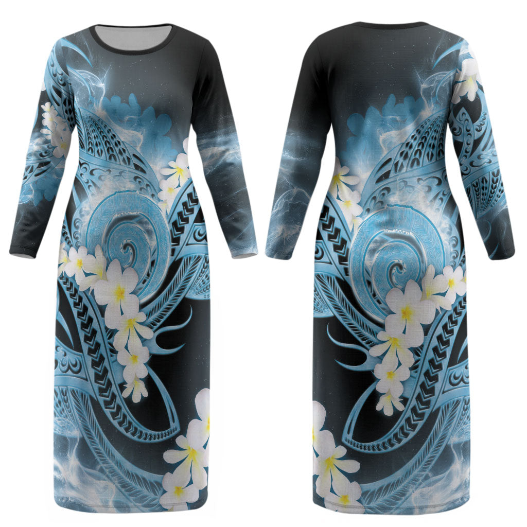 Piko Hawaiian Couples Matching Long Sleeve Bodycon Dress and Hawaiian Shirt Blue Galaxy Spiral Plumeria Tribal Patterns DT05 - Polynesian Pride