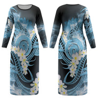 Piko Hawaiian Couples Matching Long Sleeve Bodycon Dress and Hawaiian Shirt Blue Galaxy Spiral Plumeria Tribal Patterns DT05 - Polynesian Pride