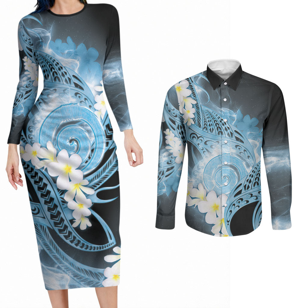 Piko Hawaiian Couples Matching Long Sleeve Bodycon Dress and Long Sleeve Button Shirt Blue Galaxy Spiral Plumeria Tribal Patterns DT05 Blue - Polynesian Pride