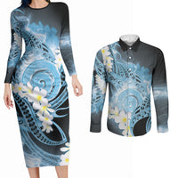 Piko Hawaiian Couples Matching Long Sleeve Bodycon Dress and Long Sleeve Button Shirt Blue Galaxy Spiral Plumeria Tribal Patterns DT05 Blue - Polynesian Pride