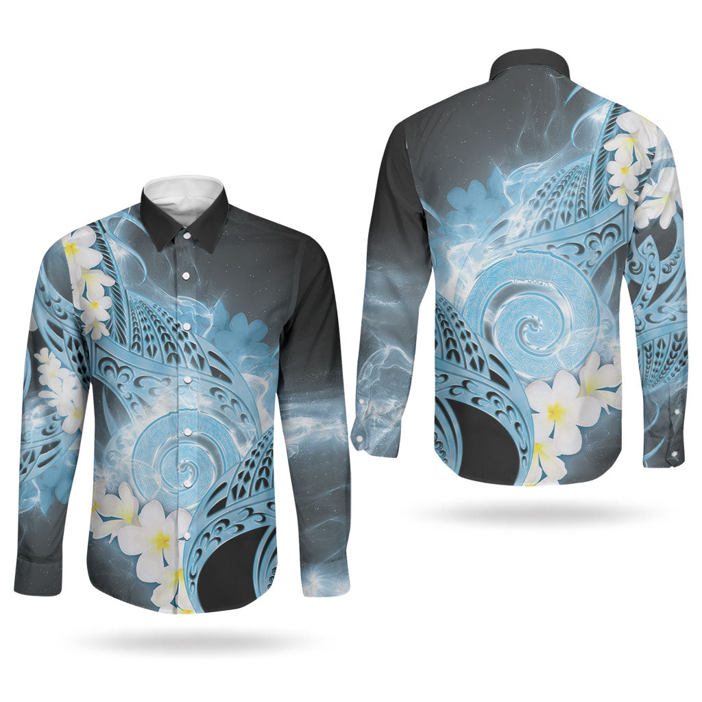Piko Hawaiian Couples Matching Mermaid Dress and Long Sleeve Button Shirt Blue Galaxy Spiral Plumeria Tribal Patterns DT05 - Polynesian Pride