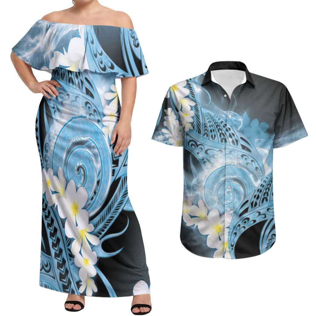 Piko Hawaiian Couples Matching Off Shoulder Maxi Dress and Hawaiian Shirt Blue Galaxy Spiral Plumeria Tribal Patterns DT05 Blue - Polynesian Pride
