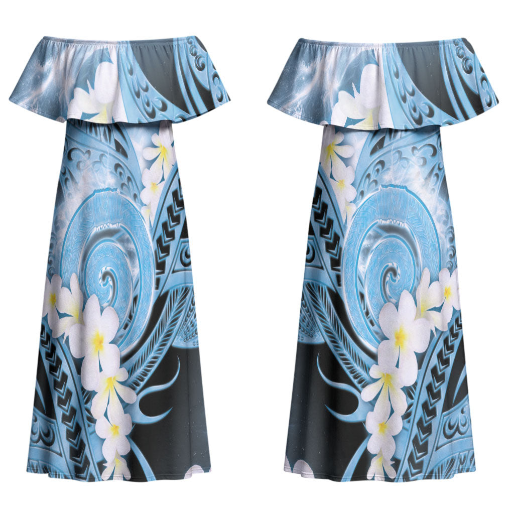 Piko Hawaiian Couples Matching Off Shoulder Maxi Dress and Long Sleeve Button Shirt Blue Galaxy Spiral Plumeria Tribal Patterns DT05 - Polynesian Pride