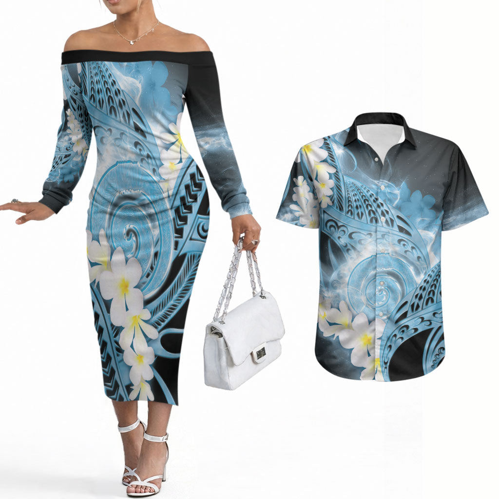 Piko Hawaiian Couples Matching Off The Shoulder Long Sleeve Dress and Hawaiian Shirt Blue Galaxy Spiral Plumeria Tribal Patterns DT05 Blue - Polynesian Pride