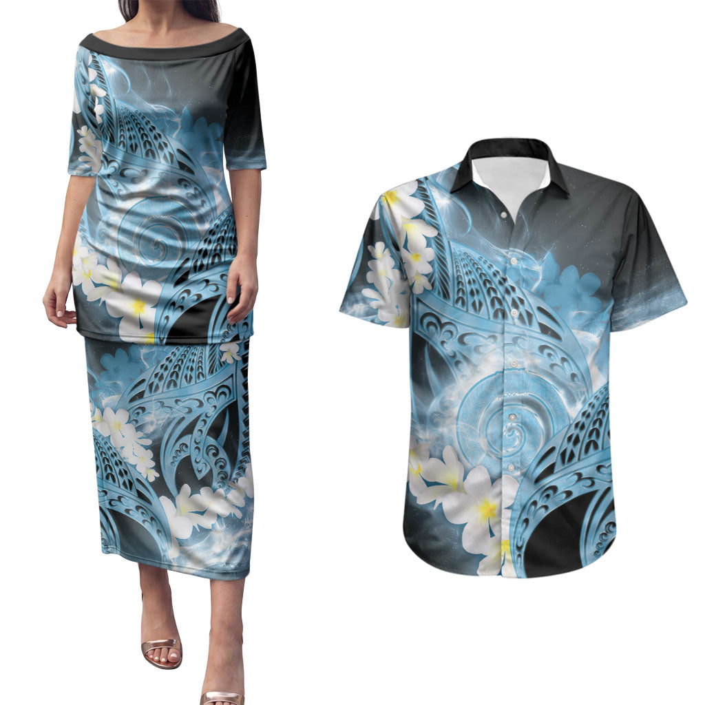 Piko Hawaiian Couples Matching Puletasi and Hawaiian Shirt Blue Galaxy Spiral Plumeria Tribal Patterns DT05 Blue - Polynesian Pride