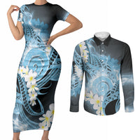 Piko Hawaiian Couples Matching Short Sleeve Bodycon Dress and Long Sleeve Button Shirt Blue Galaxy Spiral Plumeria Tribal Patterns DT05 Blue - Polynesian Pride