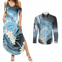 Piko Hawaiian Couples Matching Summer Maxi Dress and Long Sleeve Button Shirt Blue Galaxy Spiral Plumeria Tribal Patterns DT05 Blue - Polynesian Pride
