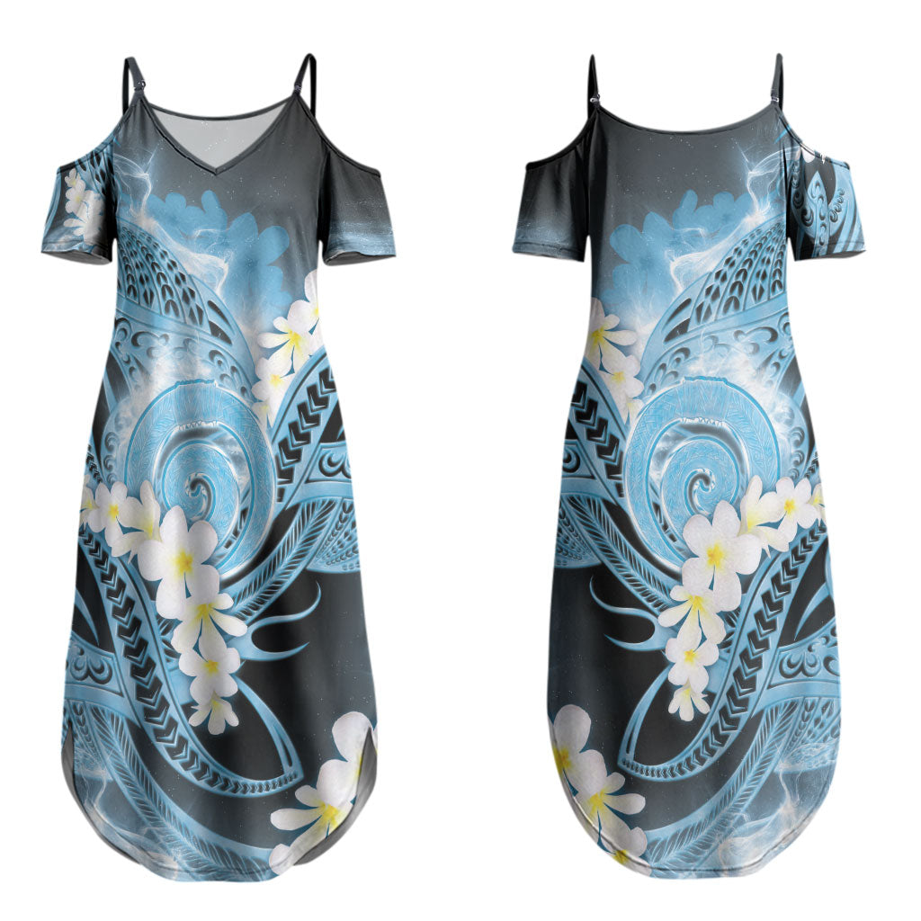 Piko Hawaiian Couples Matching Summer Maxi Dress and Long Sleeve Button Shirt Blue Galaxy Spiral Plumeria Tribal Patterns DT05 - Polynesian Pride