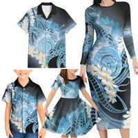 Piko Hawaiian Family Matching Long Sleeve Bodycon Dress and Hawaiian Shirt Blue Galaxy Spiral Plumeria Tribal Patterns DT05 - Polynesian Pride