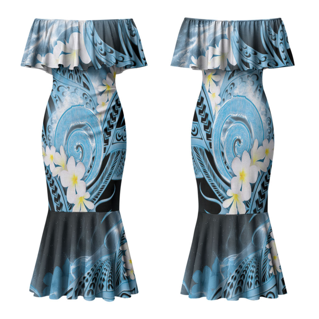 Piko Hawaiian Family Matching Mermaid Dress and Hawaiian Shirt Blue Galaxy Spiral Plumeria Tribal Patterns DT05 Mom's Dress Blue - Polynesian Pride