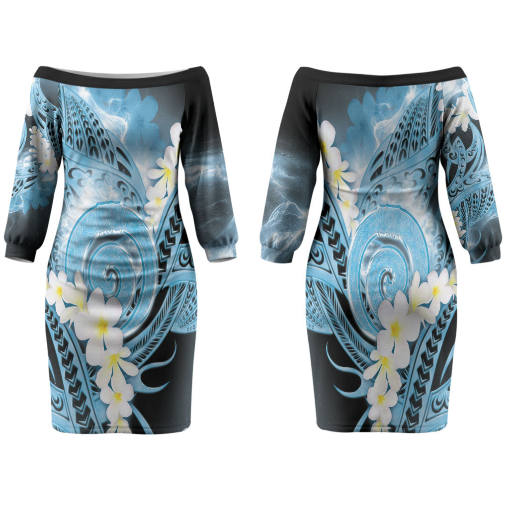 Piko Hawaiian Family Matching Off The Shoulder Long Sleeve Dress and Hawaiian Shirt Blue Galaxy Spiral Plumeria Tribal Patterns DT05 Mom's Dress Blue - Polynesian Pride