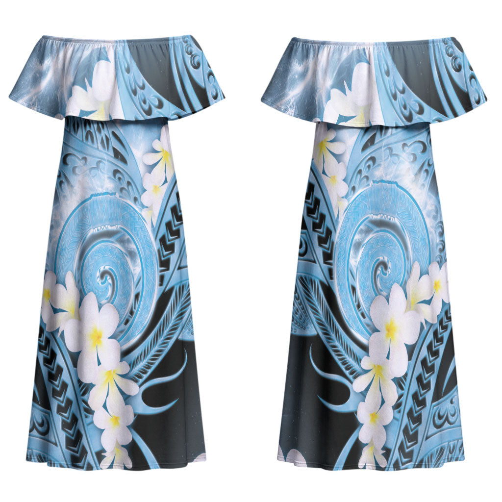 Piko Hawaiian Family Matching Off Shoulder Maxi Dress and Hawaiian Shirt Blue Galaxy Spiral Plumeria Tribal Patterns DT05 Mom's Dress Blue - Polynesian Pride