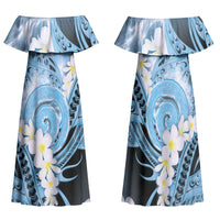 Piko Hawaiian Family Matching Off Shoulder Maxi Dress and Hawaiian Shirt Blue Galaxy Spiral Plumeria Tribal Patterns DT05 Mom's Dress Blue - Polynesian Pride