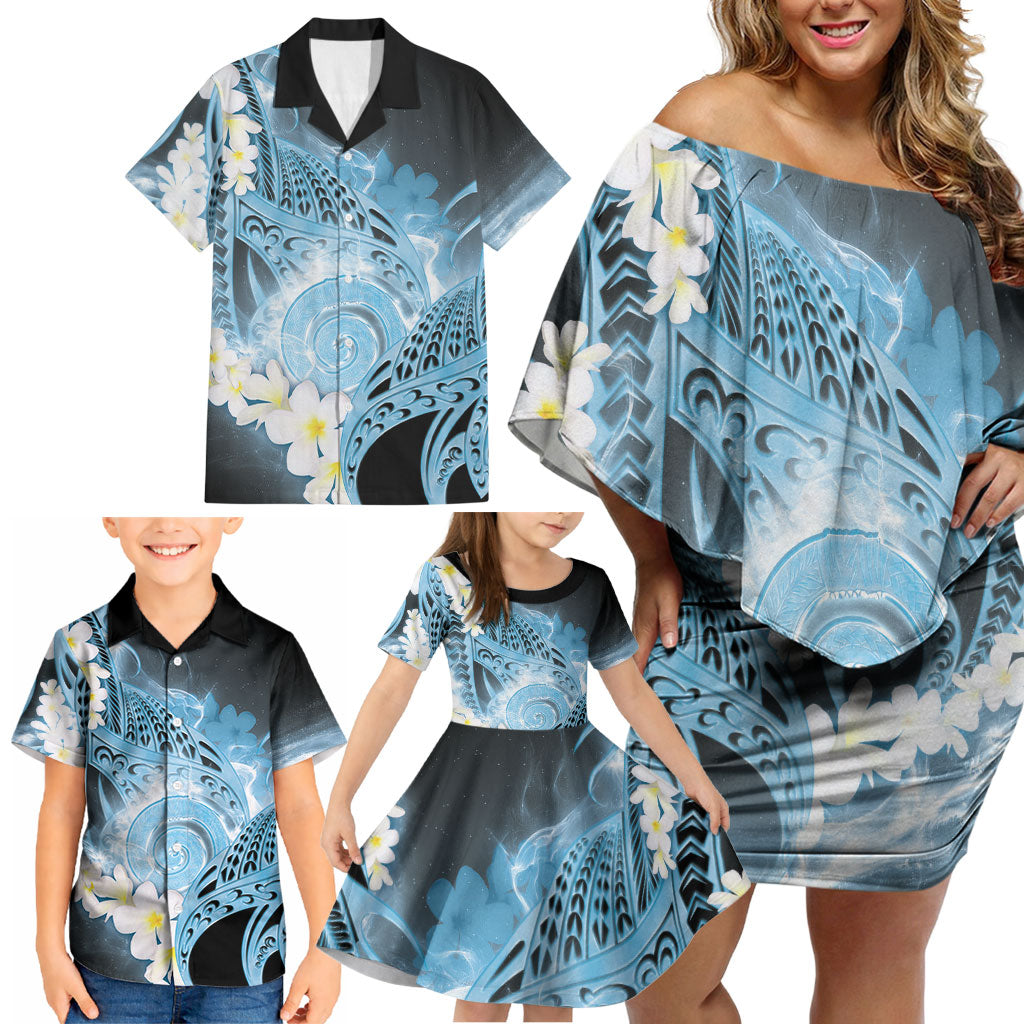 Piko Hawaiian Family Matching Off Shoulder Short Dress and Hawaiian Shirt Blue Galaxy Spiral Plumeria Tribal Patterns DT05 - Polynesian Pride