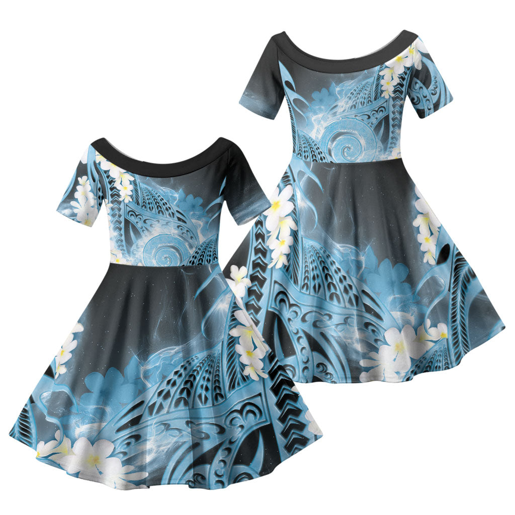Piko Hawaiian Family Matching Off Shoulder Short Dress and Hawaiian Shirt Blue Galaxy Spiral Plumeria Tribal Patterns DT05 Daughter's Dress Blue - Polynesian Pride