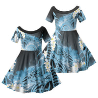 Piko Hawaiian Family Matching Off Shoulder Short Dress and Hawaiian Shirt Blue Galaxy Spiral Plumeria Tribal Patterns DT05 Daughter's Dress Blue - Polynesian Pride